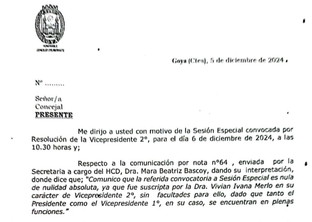 HCD GOYA: RATIFICACIÓN DE LLAMADO A SESIÓN ESPECIAL PARA EL VIERNES 6