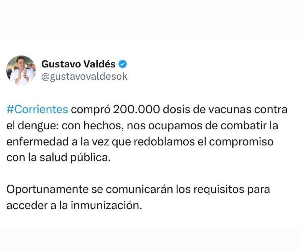 Valdés anunció la compra de 200 mil dosis de vacunas contra el dengue