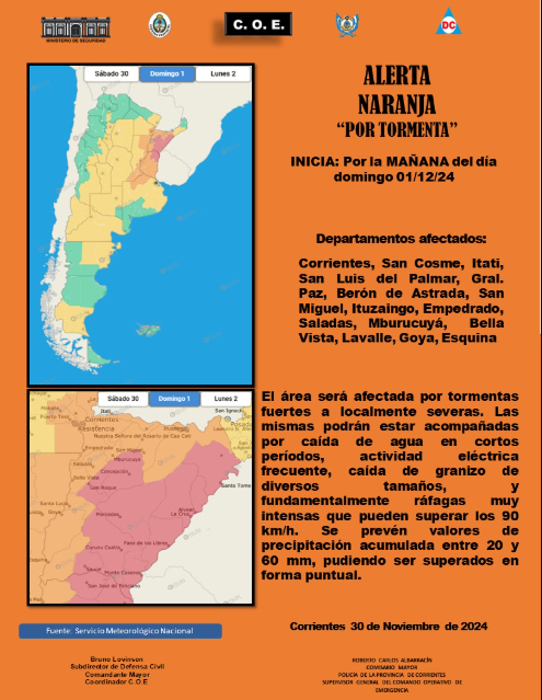 HOY: El Comando Operativo de Emergencias informa alertas roja y naranja para toda la provincia