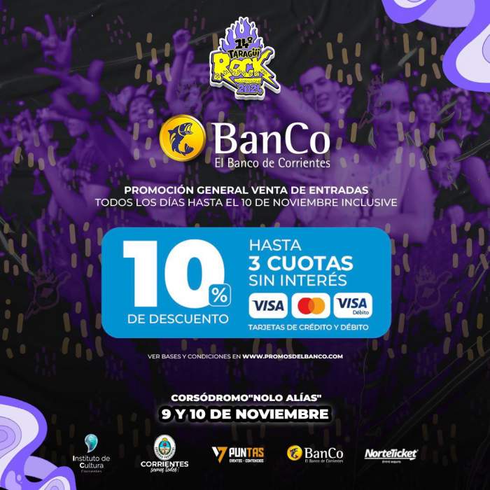 Taragüí Rock: descuentos y cuotas sin interés con el Banco de Corrientes