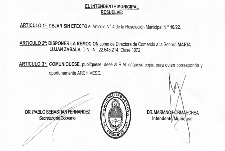 HORMAECHEA LE PIDIÓ LA RENUNCIA A DIRECTORA DE COMERCIO