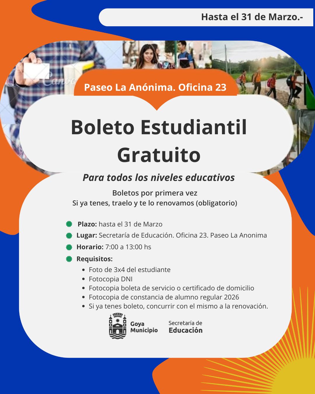 SECRETARÍA DE EDUCACIÓN: HASTA EL 31 DE MARZO SE PUEDE ACCEDER AL BOLETO ESTUDIANTIL GRATUITO