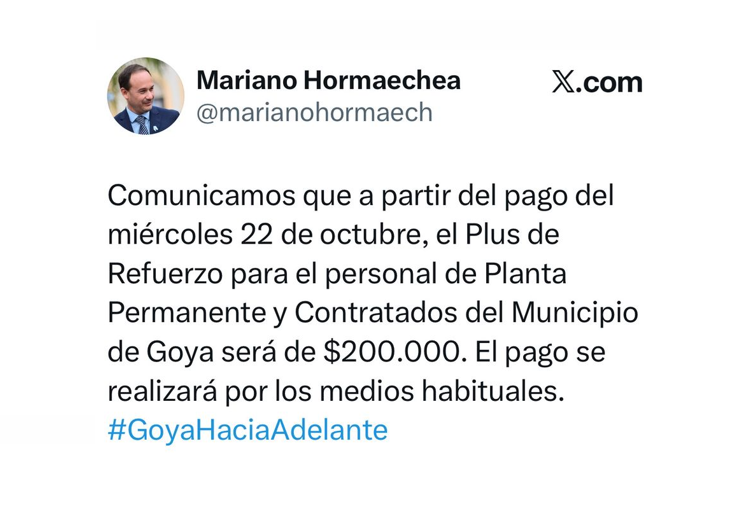 PLUS DE REFUERZO PARA EL PERSONAL MUNICIPAL DE GOYA