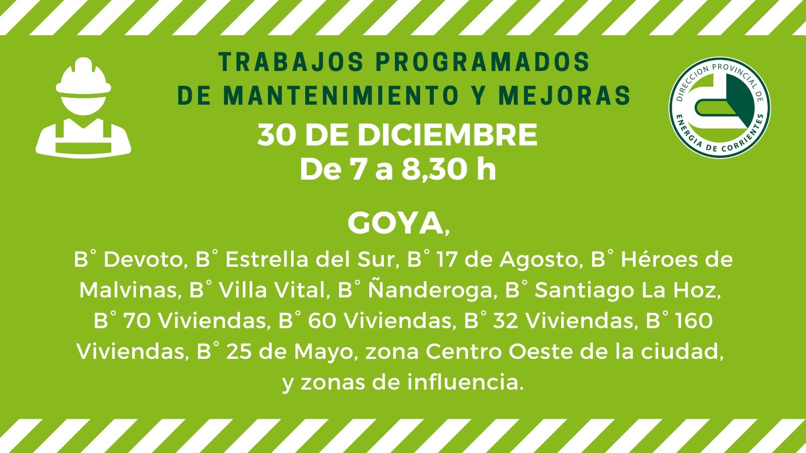  ESTE MARTES 30: DPEC REALIZARÁ TRABAJOS DE MANTENIMIENTO EN GOYA