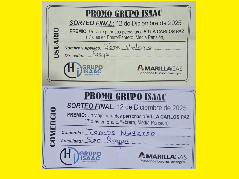 ¡YA TENEMOS LOS DOS GANADORES DEL GRAN VIAJE A VILLA CARLOS PAZ DE AMARILLA GAS!