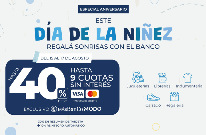 DÍA DE LA NIÑEZ CON EL BANCO DE CORRIENTES: HASTA UN 40% DE DESCUENTO Y 9 CUOTAS SIN INTERÉS