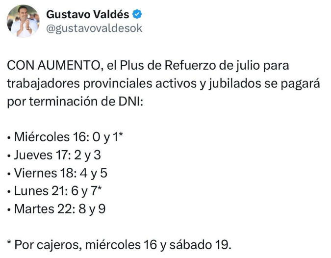 PLUS DE REFUERZO: CON AUMENTO DEL 100%, VALDÉS CONFIRMA CRONOGRAMA DE PAGO DE JULIO