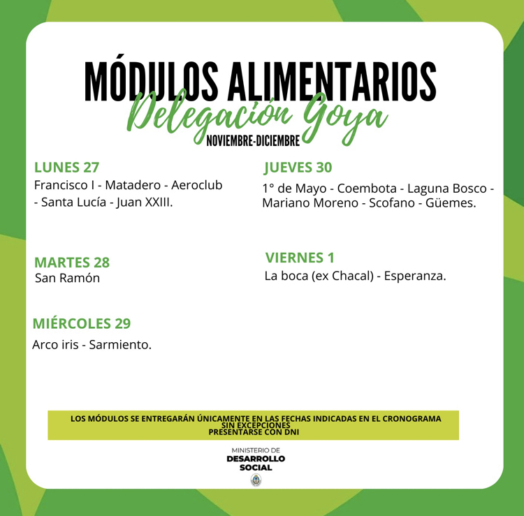 DESDE ÉSTE LUNES 27 DE NOVIEMBRECOMIENZA LA ENTREGA DE MÓDULOS ALIMENTARIOS
