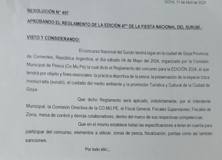 REGLAMENTO APROBADO PARA EL CONCURSO DE PESCA DE LA  47ª FIESTA NACIONAL DEL SURUBÍ