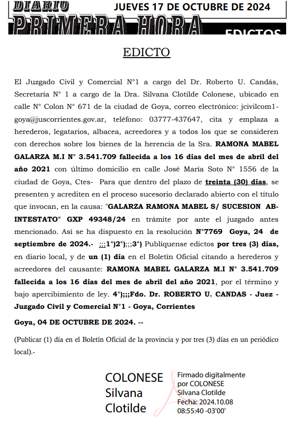 JUEVES 17 DE OCTUBRE DE 2024 Dia 1 galarza ramona