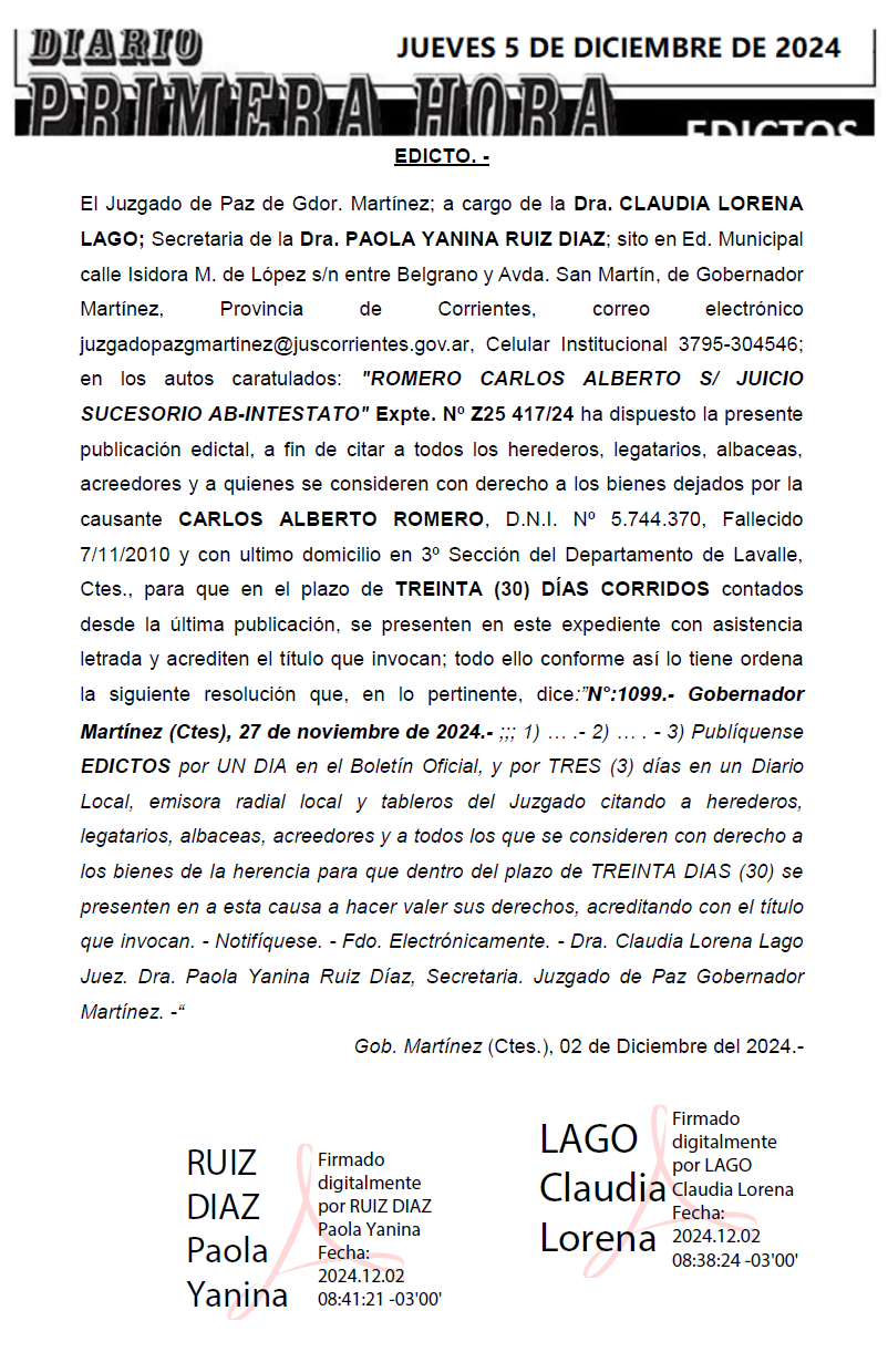 JUEVES 5 DE DICIEMBRE DE 2024 DIA 1 ROMERO