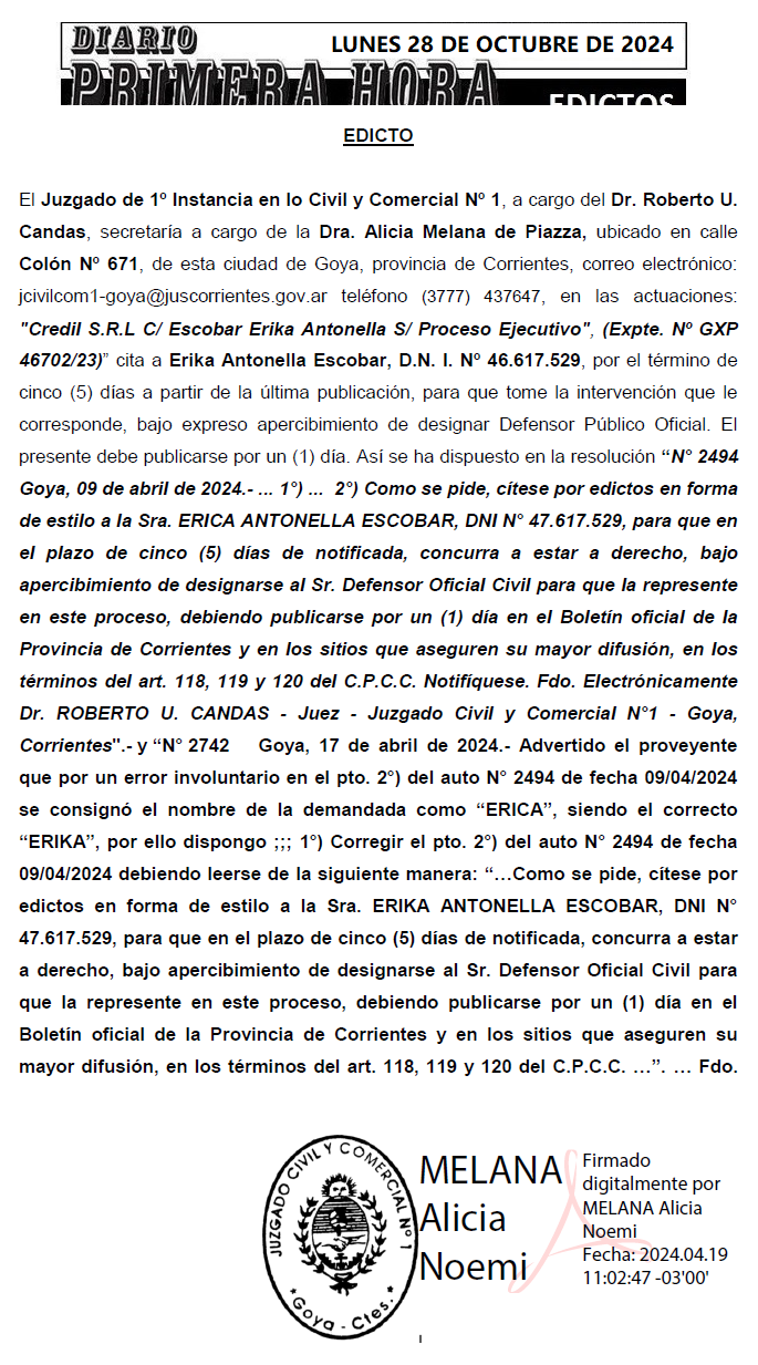 LUNES 28 DE OCTUBRE DE 2024 DE 2024 Dia 1 florencia espinoza