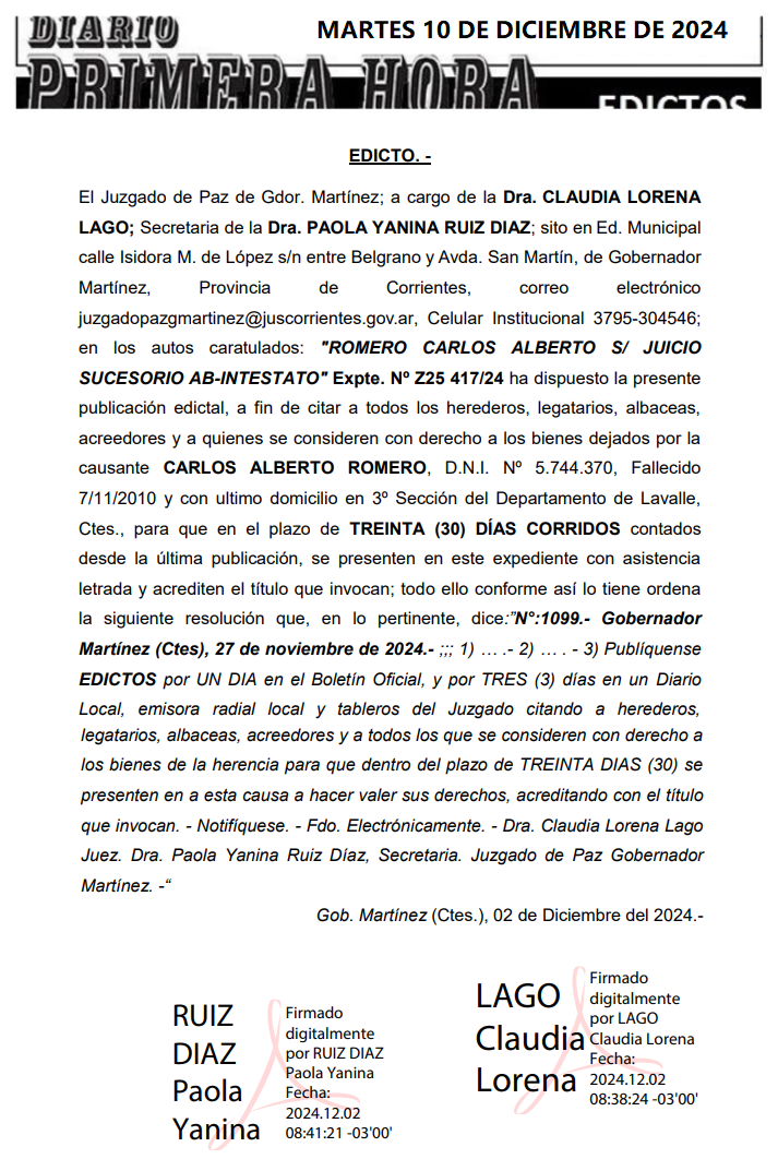 MARTES 10 DE DICIEMBRE DE 2024 DIA 1 LUCIO