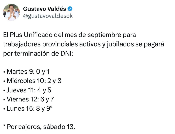 GUSTAVO VALDÉS ANUNCIÓ DÍAS DE PAGO DEL PLUS UNIFICADO DE SEPTIEMBRE