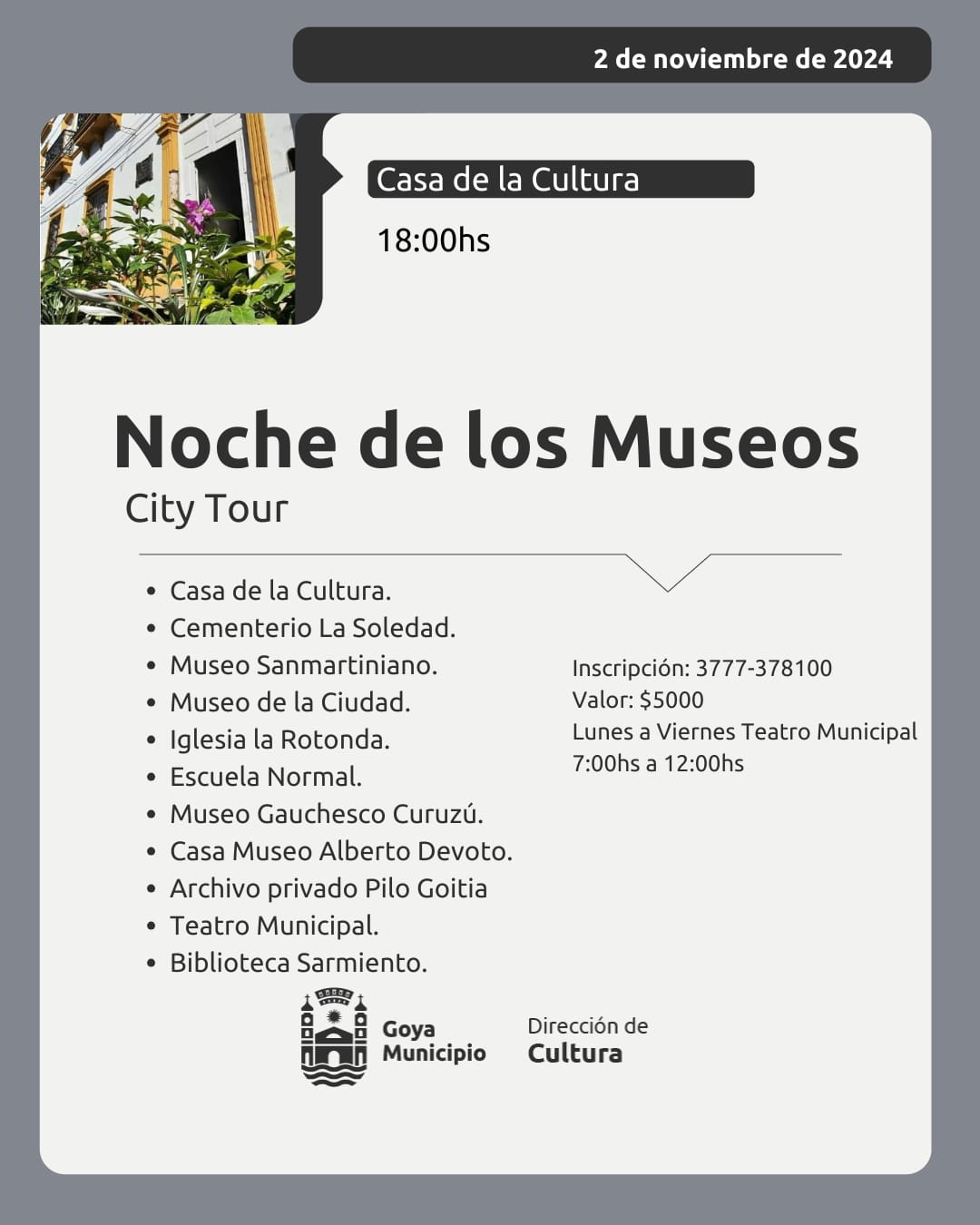 CITY TOUR: DIRECCIÓN DE CULTURA INVITA A NOCHE DE LOS MUSEOS