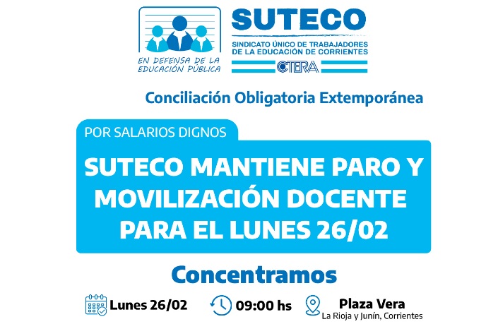 La conciliación obligatoria es extemporánea y SUTECO mantiene paro y movilización docente para el lunes 26/2