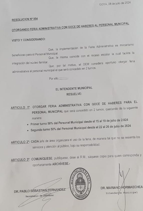 MUNICIPALIDAD OTORGA FERIA ADMINISTRATIVA PARA SU PERSONAL  