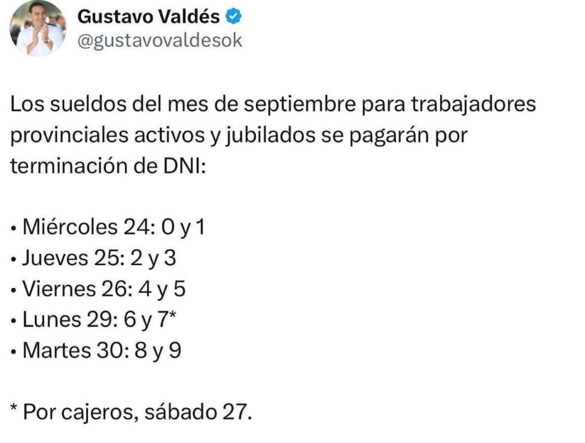VALDÉS ANUNCIA PAGO DE SUELDOS Y PROVINCIA ACUMULA MÁS DE $133 MIL MILLONES EN SALARIO ESTE SEPTIEMBRE