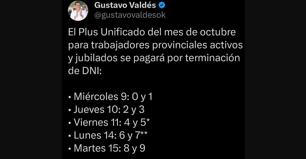 Valdés informa días de pago del Plus Unificados de octubre