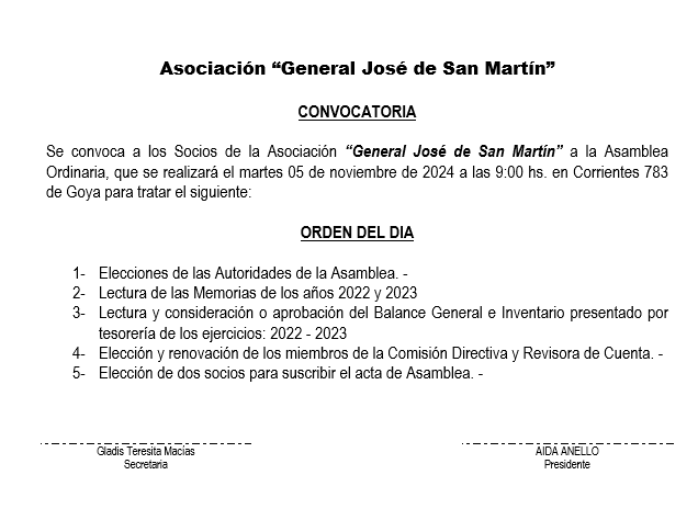 VIERNES 18 DE OCTUBRE DE 2024 convocatoria asociacion sanmartin