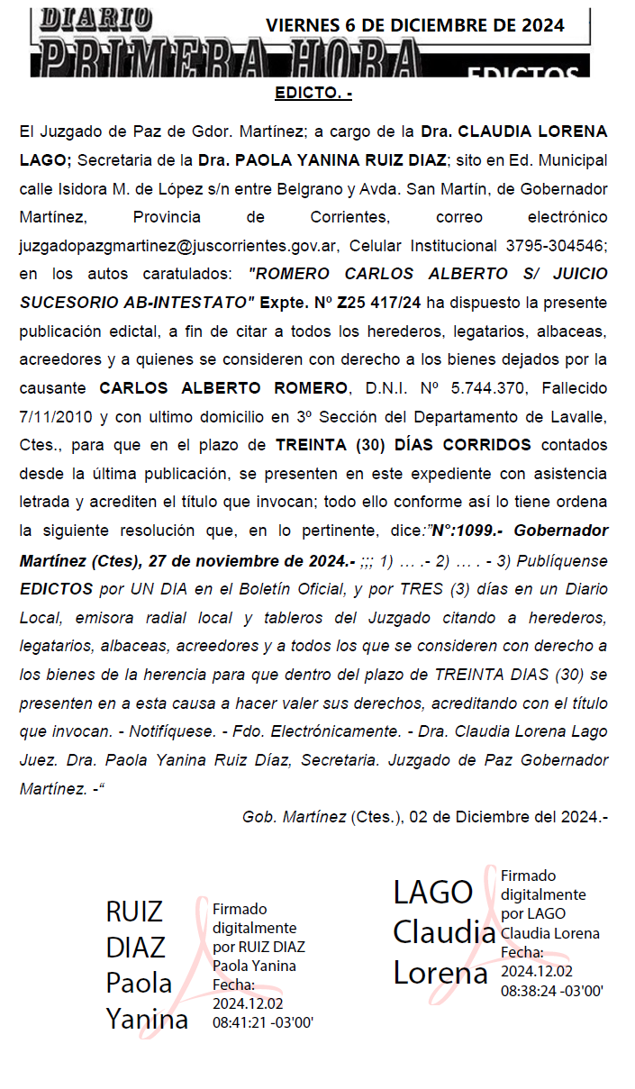 VIERNES 6 DE DICIEMBRE DE 2024 DIA 2 ROMERO