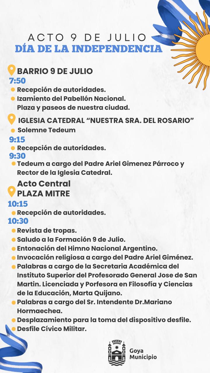CRONOGRAMA DE ACTOS: 209 ANIVERSARIO DE LA INDEPENDENCIA ARGENTINA