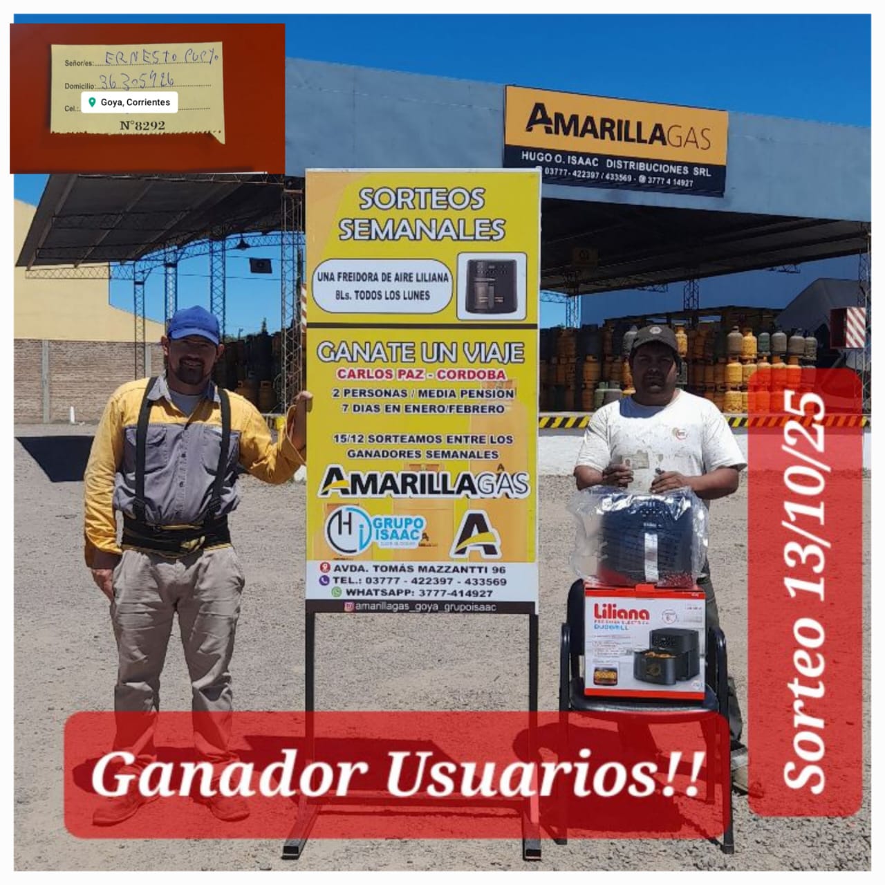 ERNESTO PUEYO, GANADOR DEL SORTEO SEMANAL DE AMARILLA GAS