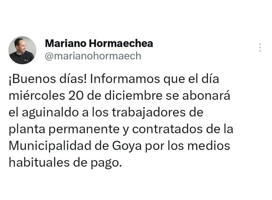 Miércoles 20: SE EFECTUARÁ EL PAGO DEL AGUINALDO A TRABAJADORES DE PLANTA PERMANENTE Y CONTRATADOS DEL MUNICIPIO DE GOYA