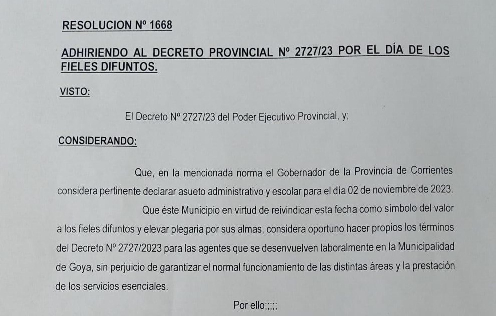 Día de los Fieles Difuntos: EL MUNICIPIO DE GOYA SE ADHIERE AL DECRETO PROVINCIAL N° 2727/2023, PARA EL 2 DE NOVIEMBRE.