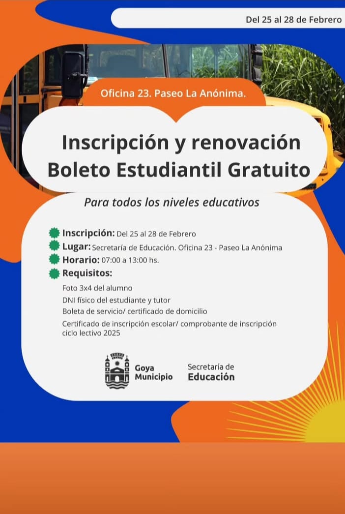 INSCRIPCIONES ABIERTAS PARA EL BOLETO ESTUDIANTIL GRATUITO EN GOYA