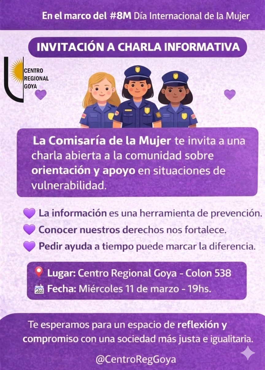 8M: INVITAN A CHARLA ABIERTA SOBRE PREVENCIÓN Y ACOMPAÑAMIENTO ANTE SITUACIONES DE VULNERABILIDAD