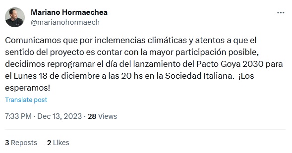 SE REPROGRAMA EL LANZAMIENTO DEL PACTO GOYA 2030  