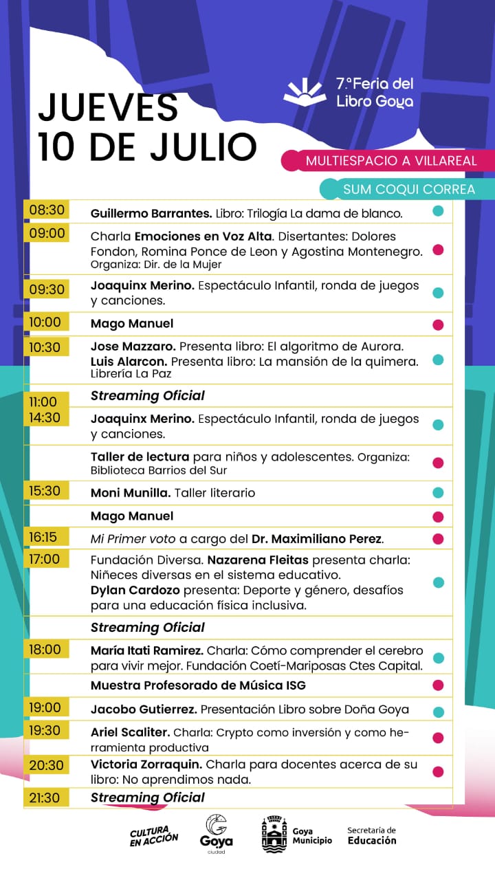 7ª FERIA DEL LIBRO: GRILLA DE HOY JUEVES 10 DE JULIO