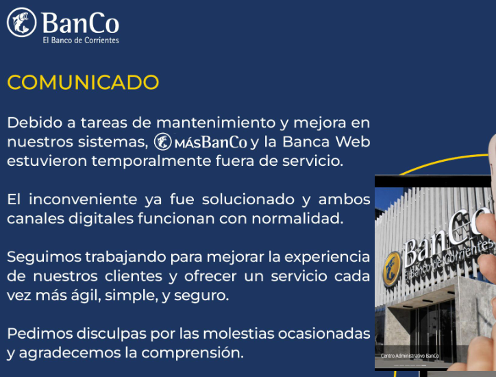 EL BANCO DE CORRIENTES INFORMA SOBRE LA NORMALIZACIÓN DE SUS CANALES DIGITALES