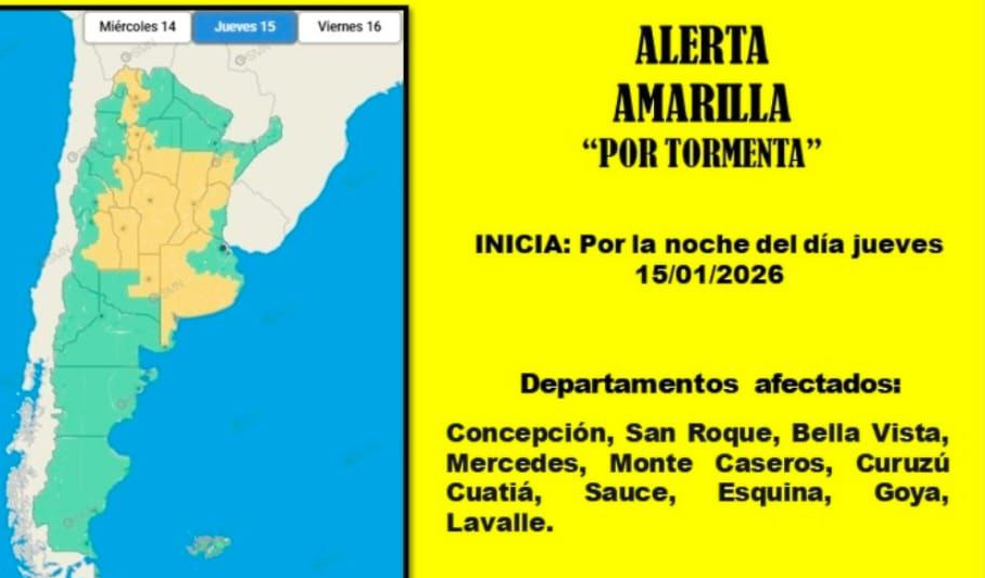 EL COE EMITIÓ ALERTA AMARILLA "POR TORMENTA" PARA 10 DEPARTAMENTOS CORRENTINOS