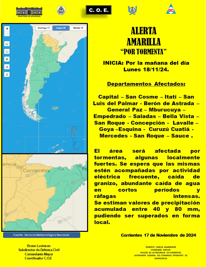 EL COE emitió alerta amarilla por tormentas que afectarán a varios departamentos