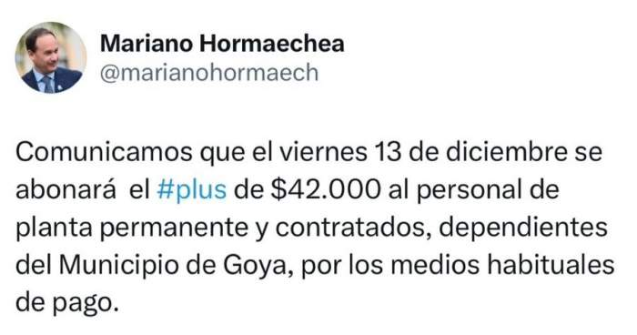 Hoy viernes 13 se pagará el plus municipal de $42.000 .