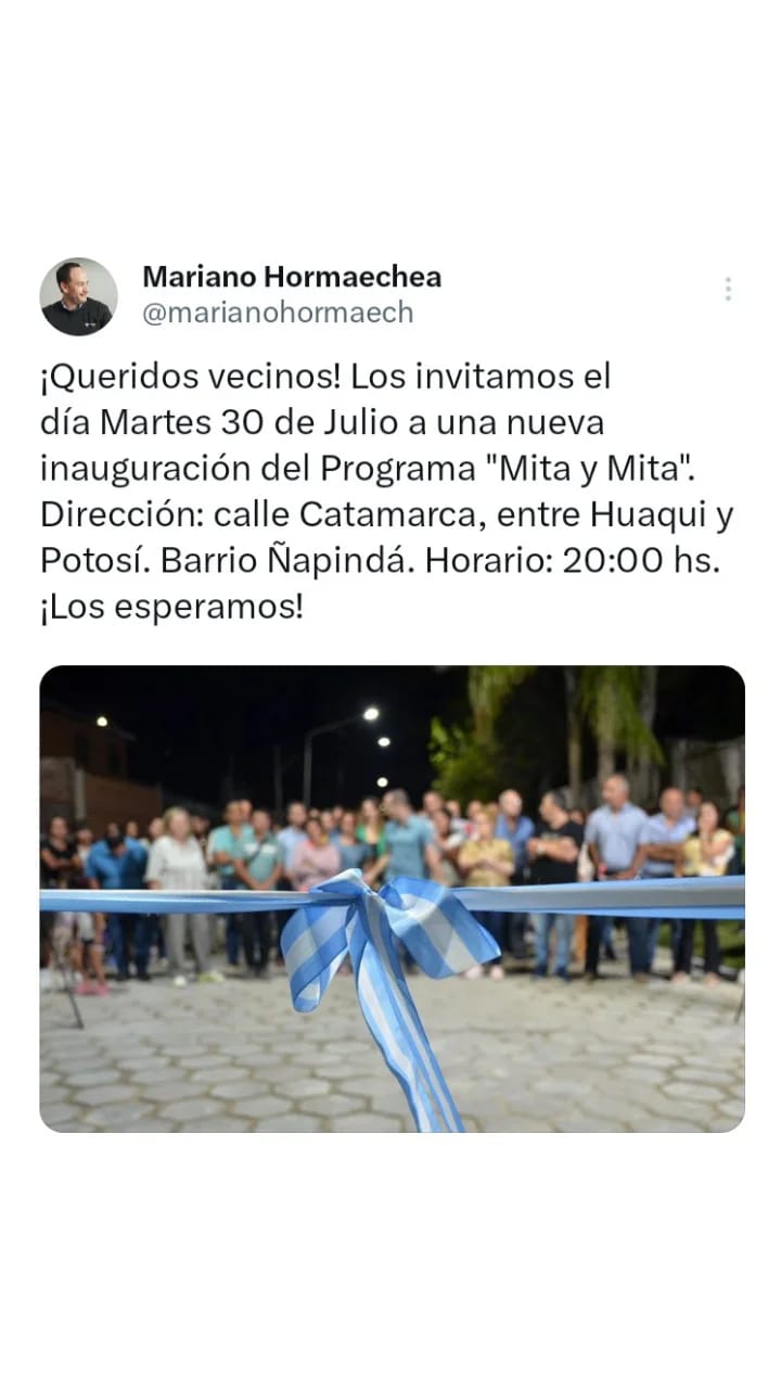 BARRIO ÑAPINDÁ: ESTE MARTES, NUEVA INAUGURACIÓN DE PAVIMENTO  POR MEDIO DEL PROGRAMA “MITA Y MITA”.