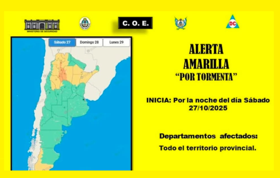 EL COE ANUNCIA “ALERTA AMARILLA” PARA TODO EL TERRITORIO PROVINCIAL