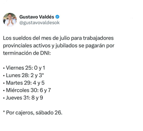 PROVINCIA PAGA SUELDOS DE JULIO Y ACUMULA UNA INVERSIÓN MENSUAL SUPERIOR A LOS $116.000 MILLONES