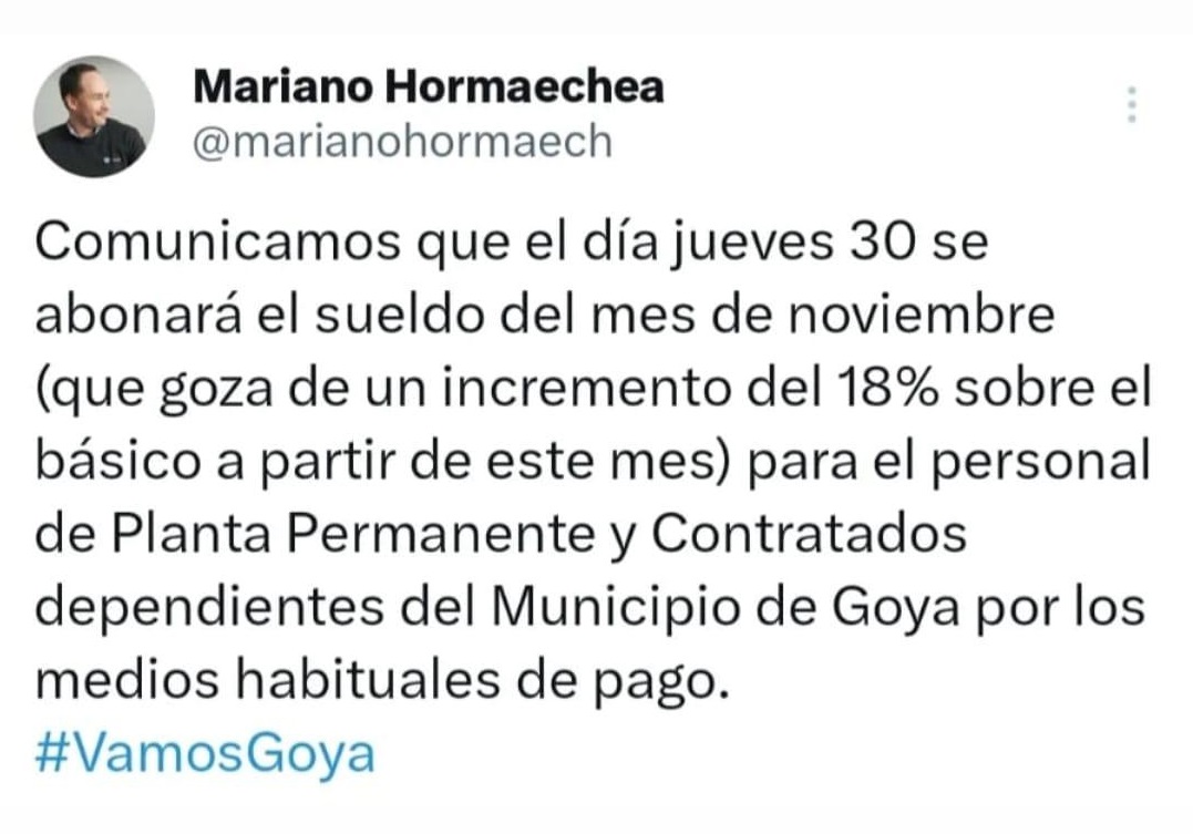 INTENDENTE MARIANO HORMAECHEA ANUNCIÓ PAGO DE SUELDOS CON AUMENTOS SALARIALES PARA TOTALIDAD DE EMPLEADOS MUNICIPALES
