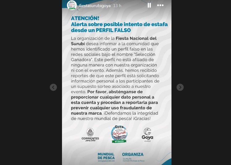 ALERTA! PERFIL FALSO EN REDES SOCIALES INTENTA ENGAÑAR A PARTICIPANTES DE LA FIESTA NACIONAL DEL SURUBÍ