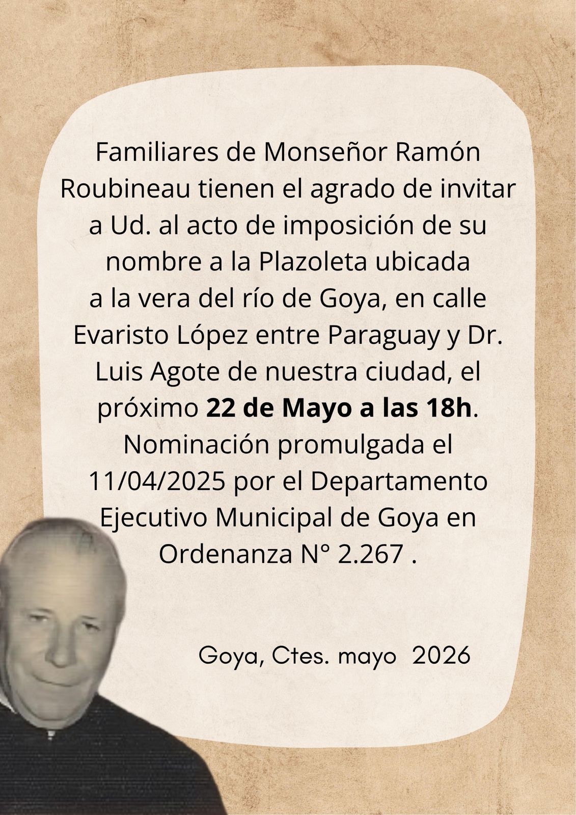 ORDENANZA 2.267: LA PLAZOLETA DE CALLE EVARISTO LÓPEZ LLEVARÁ EL NOMBRE DE MONSEÑOR ROUBINEAU