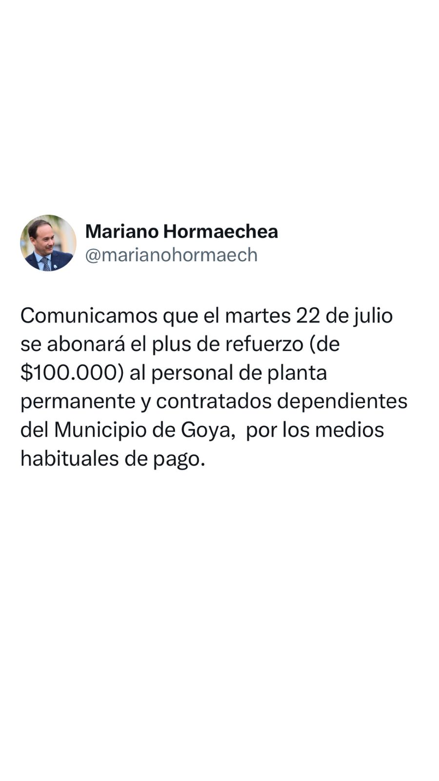 ESTE MARTES: LA MUNICIPALIDAD DE GOYA ABONARÁ EL PLUS DE REFUERZO PARA CONTRATADOS Y PLANTA PERMANENTE