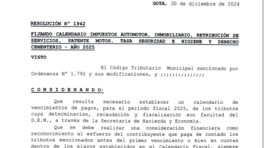 CALENDARIO DE IMPUESTOS: AUTOMOTOR, INMOBILIARIO, RETRIBUCIÓN DE SERVICIOS, PATENTE MOTOS, TASA SEGURIDAD E HIGIENE Y DERECHO CEMENTERIO - AÑO 2025