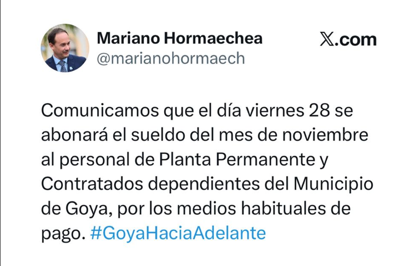 INTENDENTE MARIANO HORMAECHEA ANUNCIÓ EL PAGO DE HABERES DEL MES DE NOVIEMBRE
