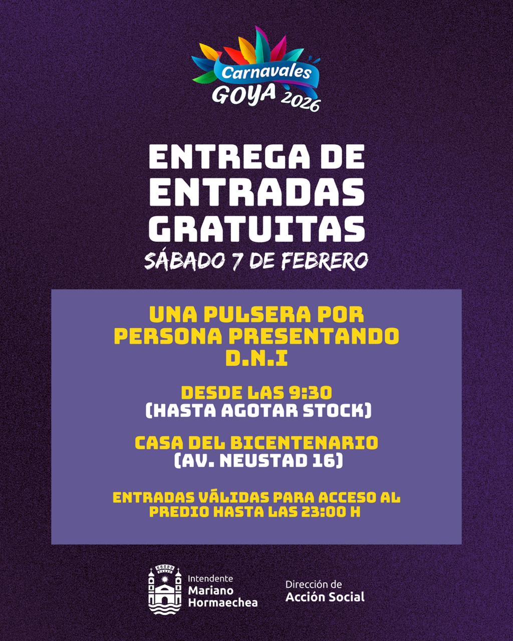 ENTREGA DE PULSERAS GRATUITAS PARA LA ÚLTIMA NOCHE DE LOS CARNAVALES GOYANOS 2026
