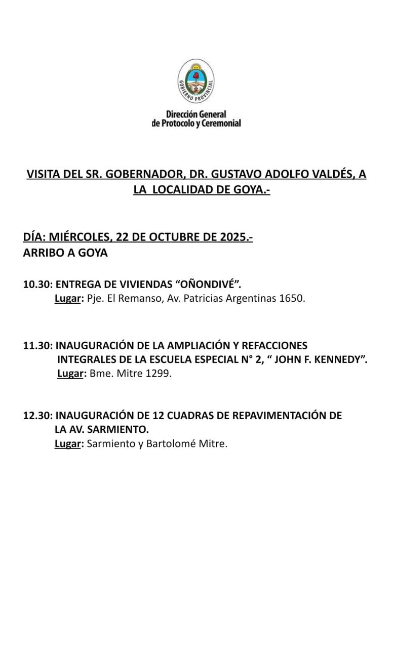 EL GOBERNADOR VALDÉS ESTARÁ ESTE MIERCOLES 22 DE OCTUBRE EN GOYA