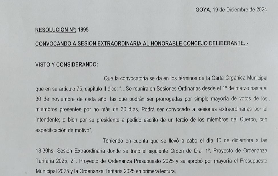 CONVOCATORIA SESIÓN EXTRAORDINARIA PARA TRATAR SEGUNDA LECTURA DE TARIFARIA Y PRESUPUESTO 2025   