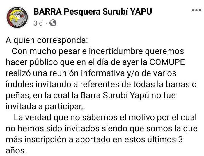 MALESTAR DE LA BARRA PESQUERA SURUBÍ YAPÚ POR NO SER INVITADA A REUNIÓN CRUCIAL